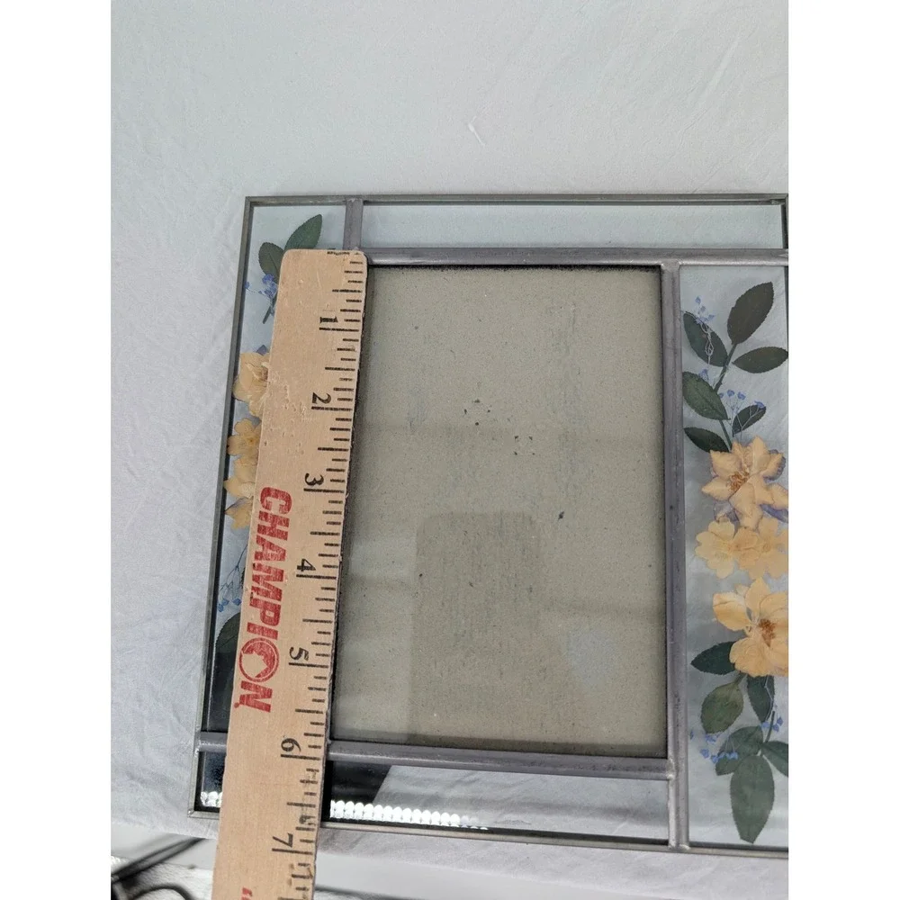 Pressed Flower Glass Picture Frame Silver Yellow Floral Cottagecore 7.75x7
